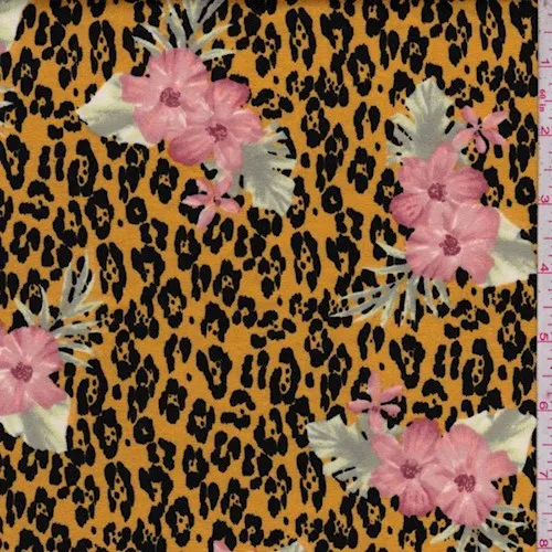 2 YD PC-Gold Cheetah Floral Double Brushed Jersey Knit Fabric