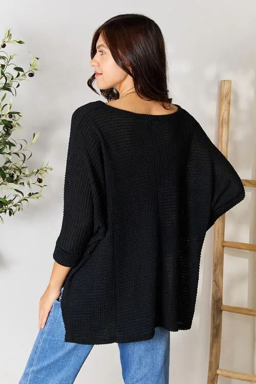 3/4 Sleeve V-Neck Hi-Low Hem Jacquard Sweater