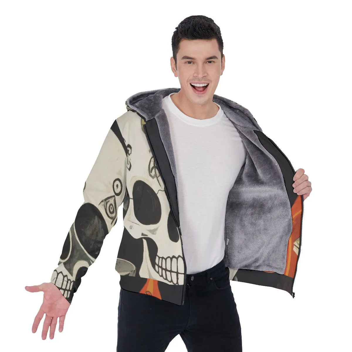 All-Over Print Men's Sherpa Fleece Zip Up Hoodie, black and white skull, print, #25RR