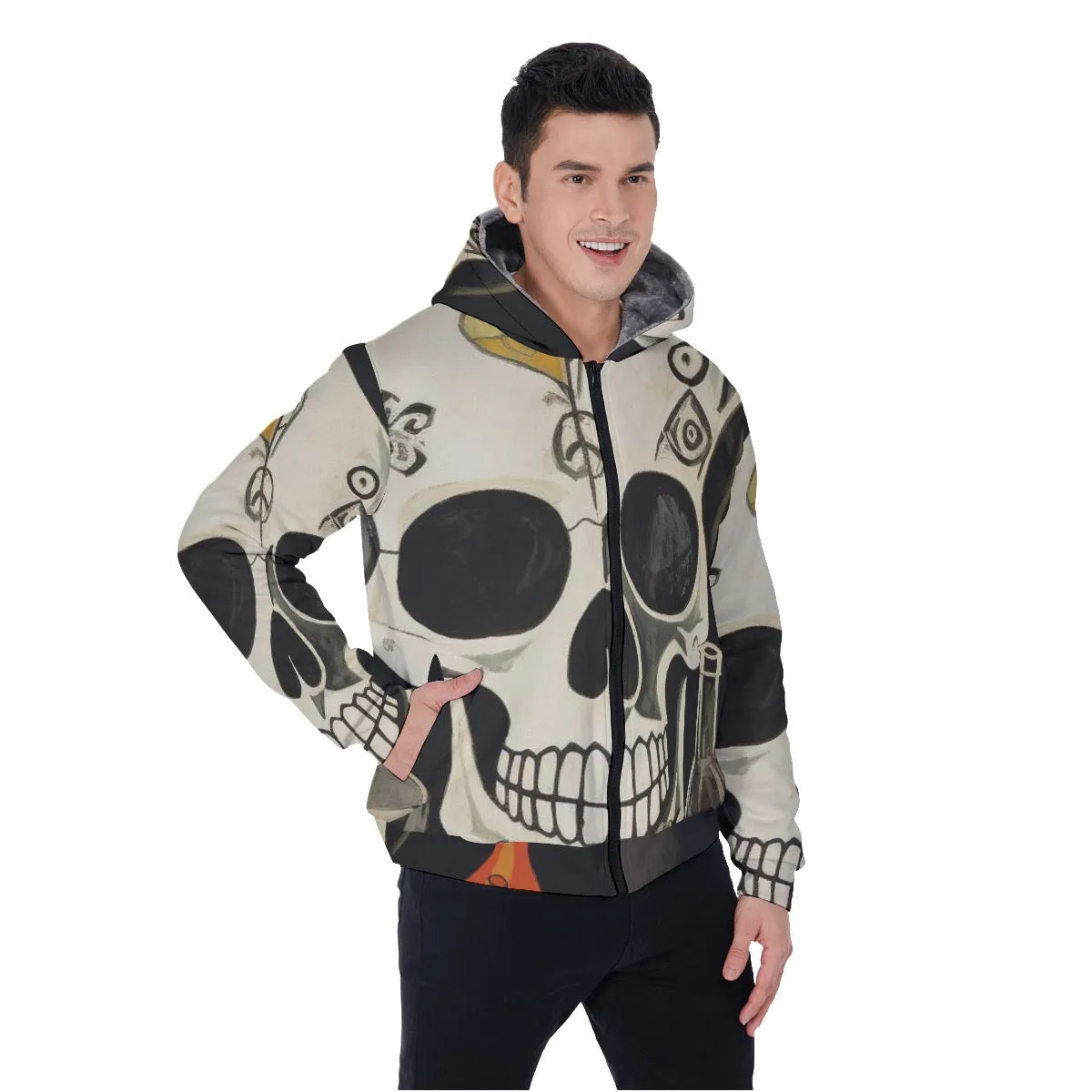 All-Over Print Men's Sherpa Fleece Zip Up Hoodie, black and white skull, print, #25RR