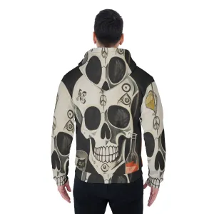 All-Over Print Men's Sherpa Fleece Zip Up Hoodie, black and white skull, print, #25RR