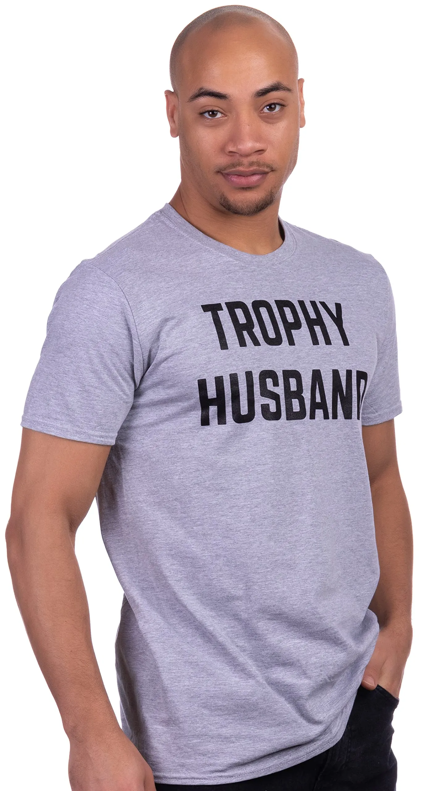 Ann Arbor T-shirt Co. Trophy Husband | Funny Dad Joke Groom Humor Marriage Anniversary Hubby Saying Cute Dude Men's T-Shirt (Grey, L)