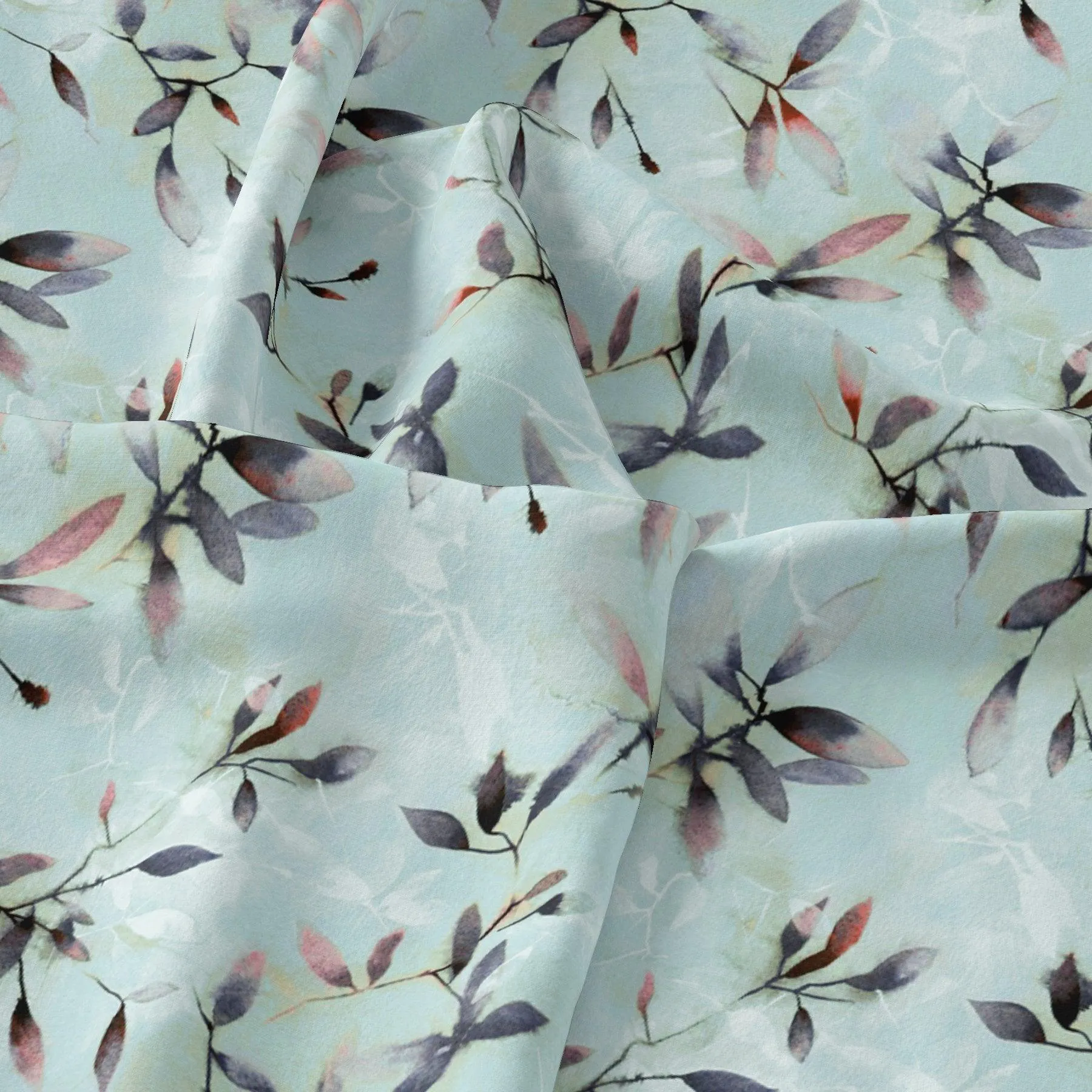 Bluish Thin And Light Leaves Digital Printed Fabric - Pure Cotton