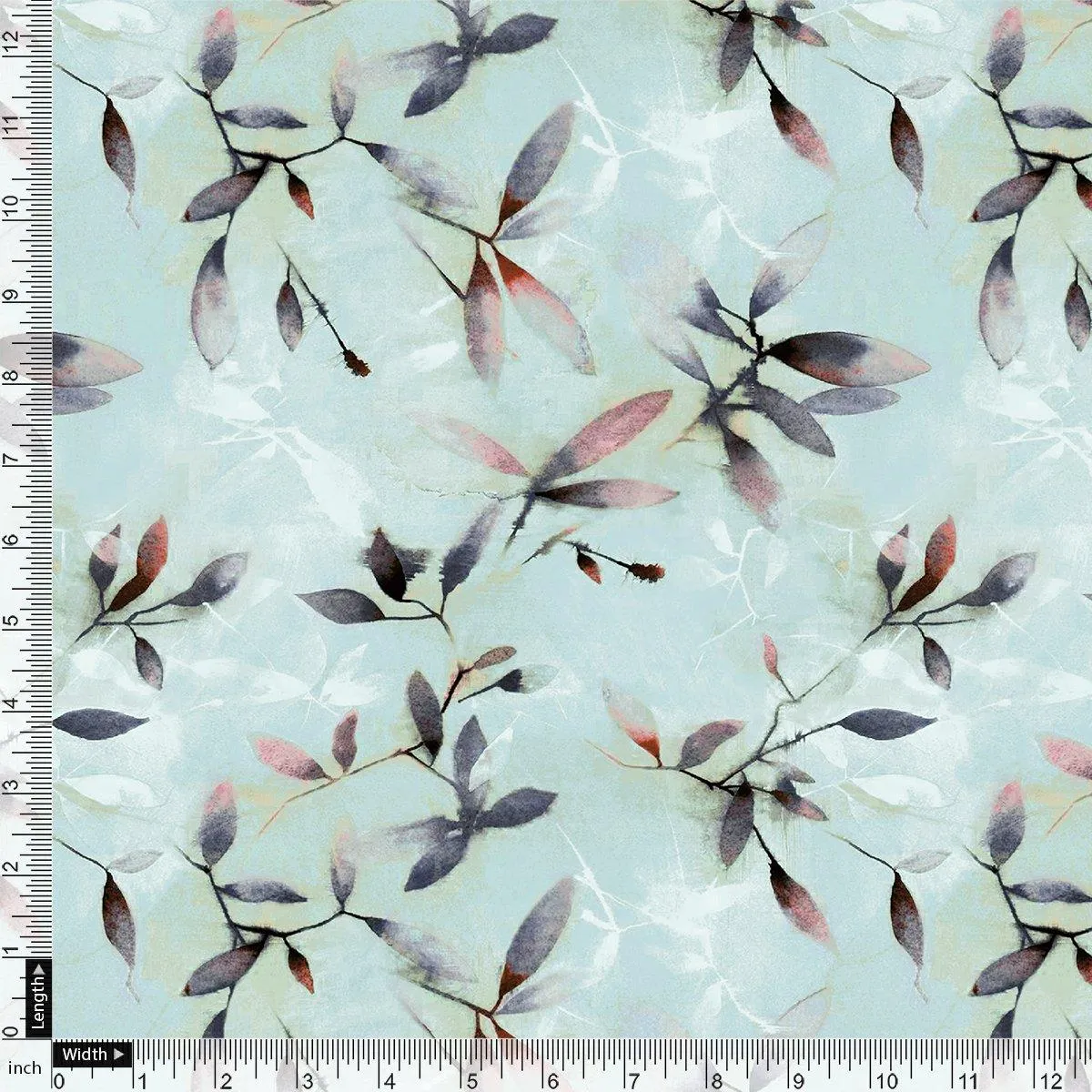 Bluish Thin And Light Leaves Digital Printed Fabric - Pure Cotton