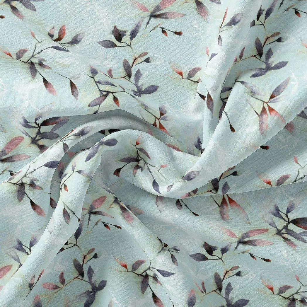 Bluish Thin And Light Leaves Digital Printed Fabric - Pure Cotton