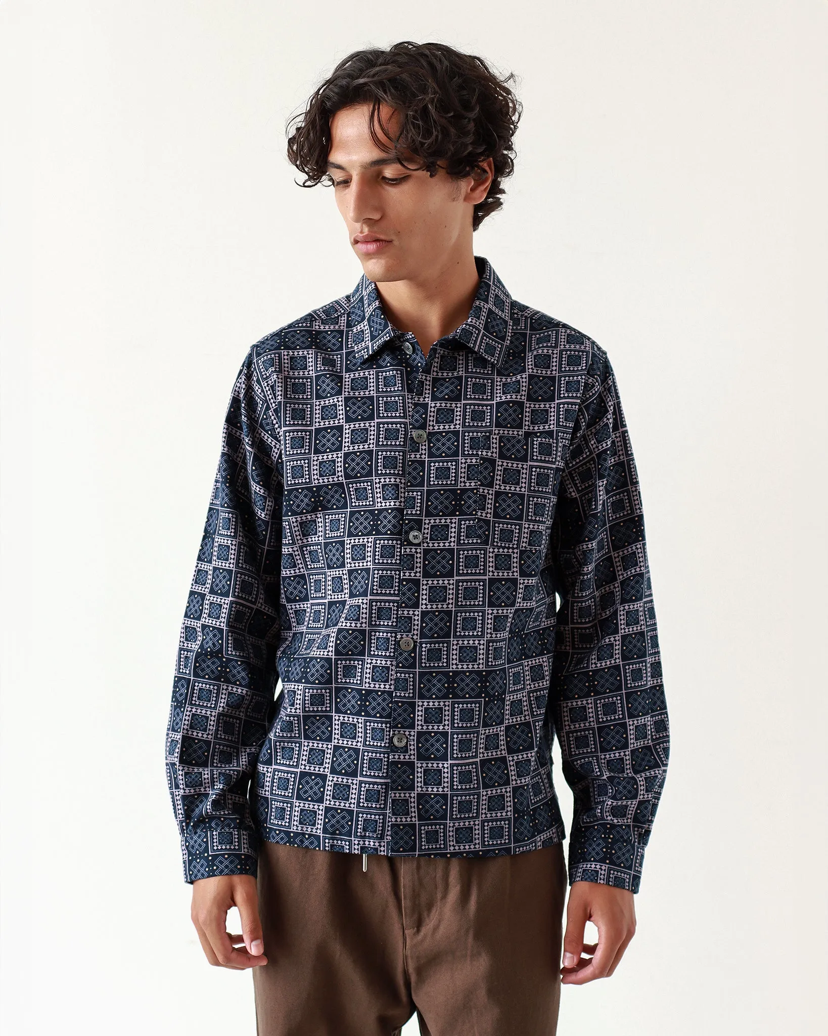 Busey Shirt - Navy Stamp Print