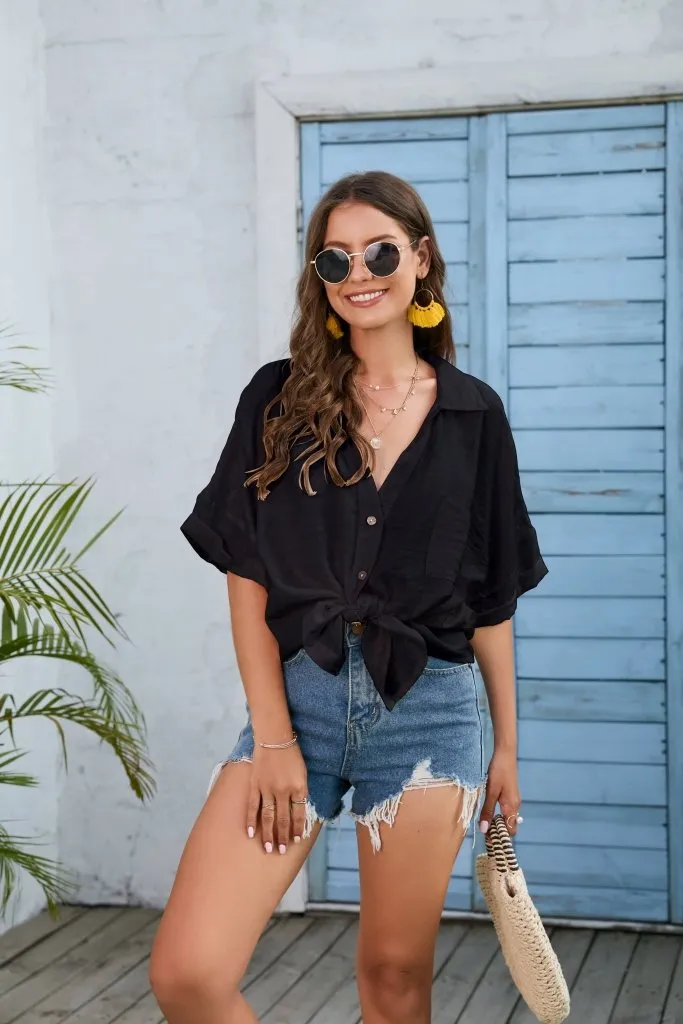 Button Down Swim Beach Short Shirts Tops