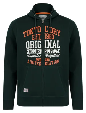 Claude Graphic Motif Brushback Fleece Zip Through Hoodie in Scarab Green - Tokyo Laundry