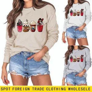 Coffee Ghost Print Round Neck Loose Fall and Winter Bottoming Long-sleeved Large Size Sweater