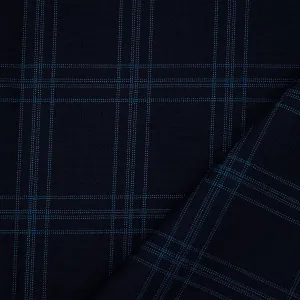 Deep Navy-Blue Poly-Wool Plaid Woven Shirting Fabric