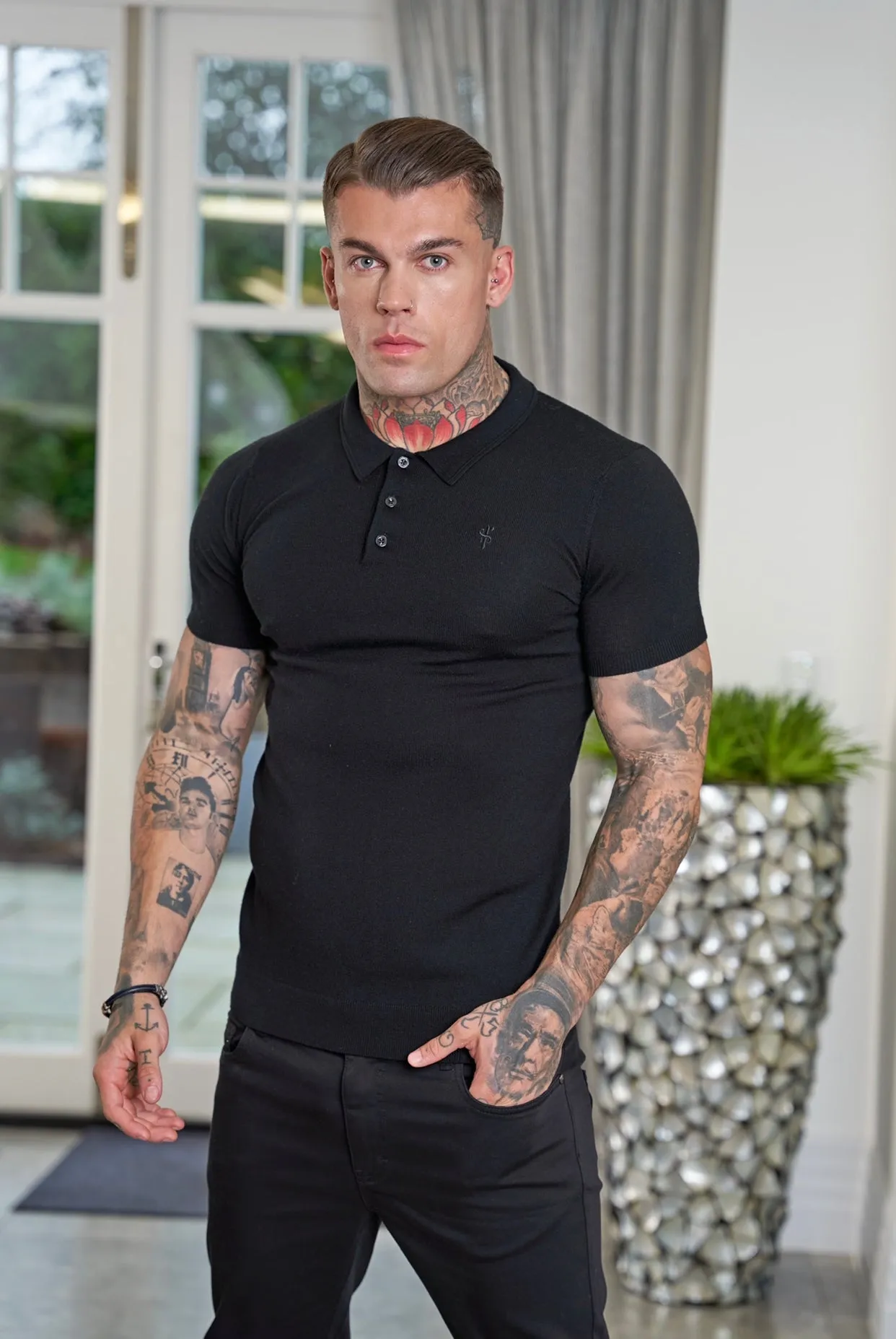 Father Sons Classic Black Merino Wool Knitted Polo Jumper Short Sleeve With FS Embroidery- FSN022