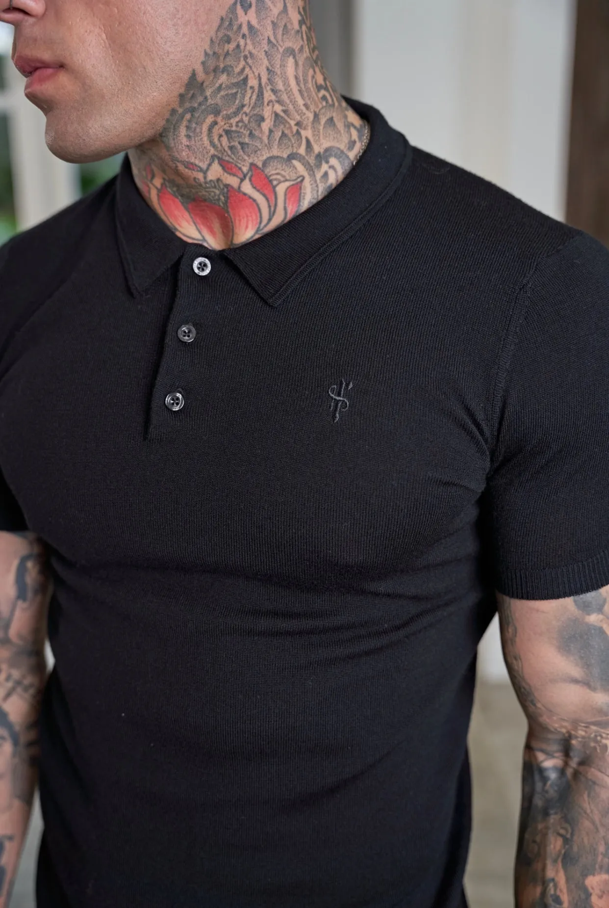 Father Sons Classic Black Merino Wool Knitted Polo Jumper Short Sleeve With FS Embroidery- FSN022