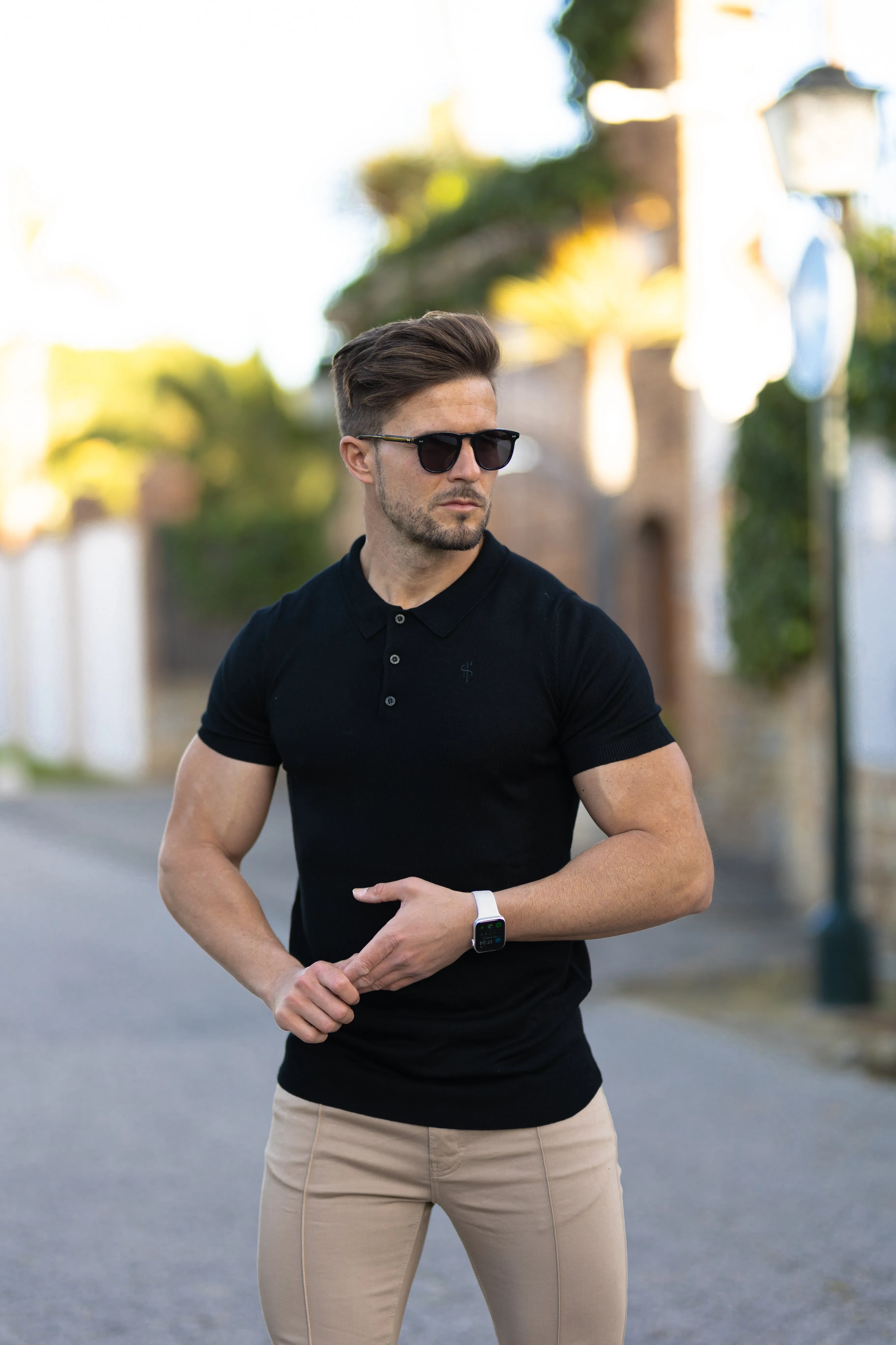 Father Sons Classic Black Merino Wool Knitted Polo Jumper Short Sleeve With FS Embroidery- FSN022