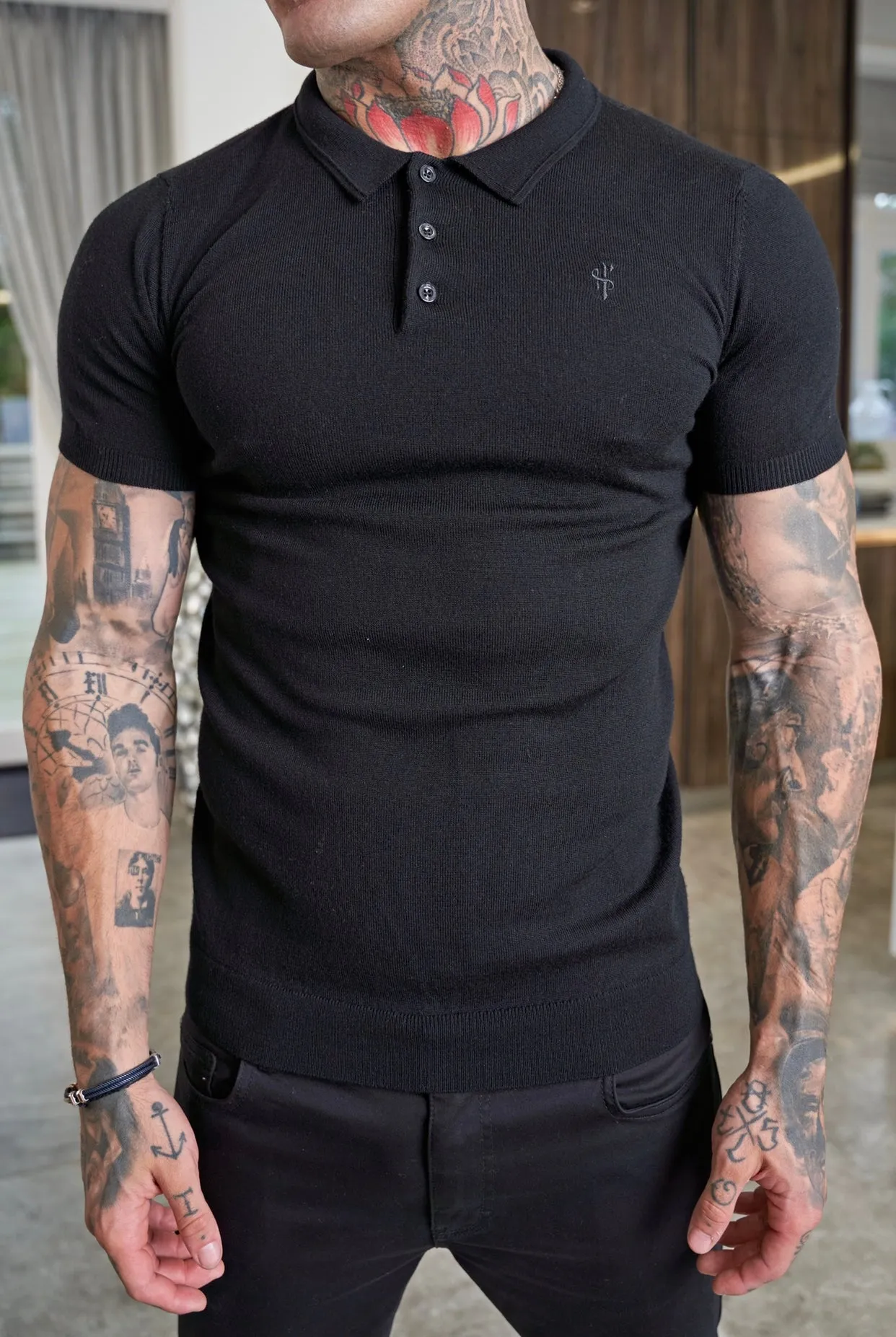 Father Sons Classic Black Merino Wool Knitted Polo Jumper Short Sleeve With FS Embroidery- FSN022