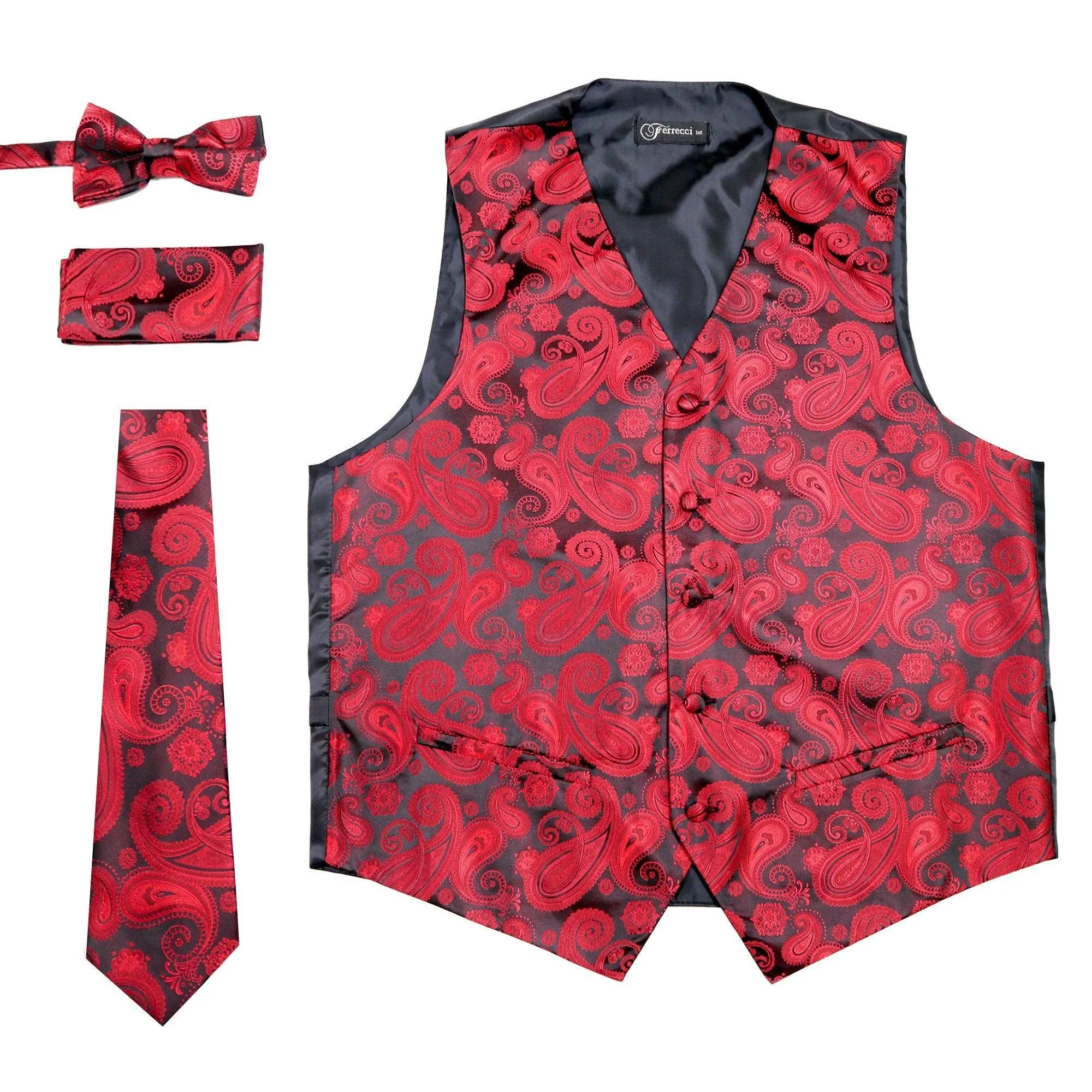 Ferrecci Mens Red/Black Paisley Wedding Prom Grad Choir Band 4pc Vest Set