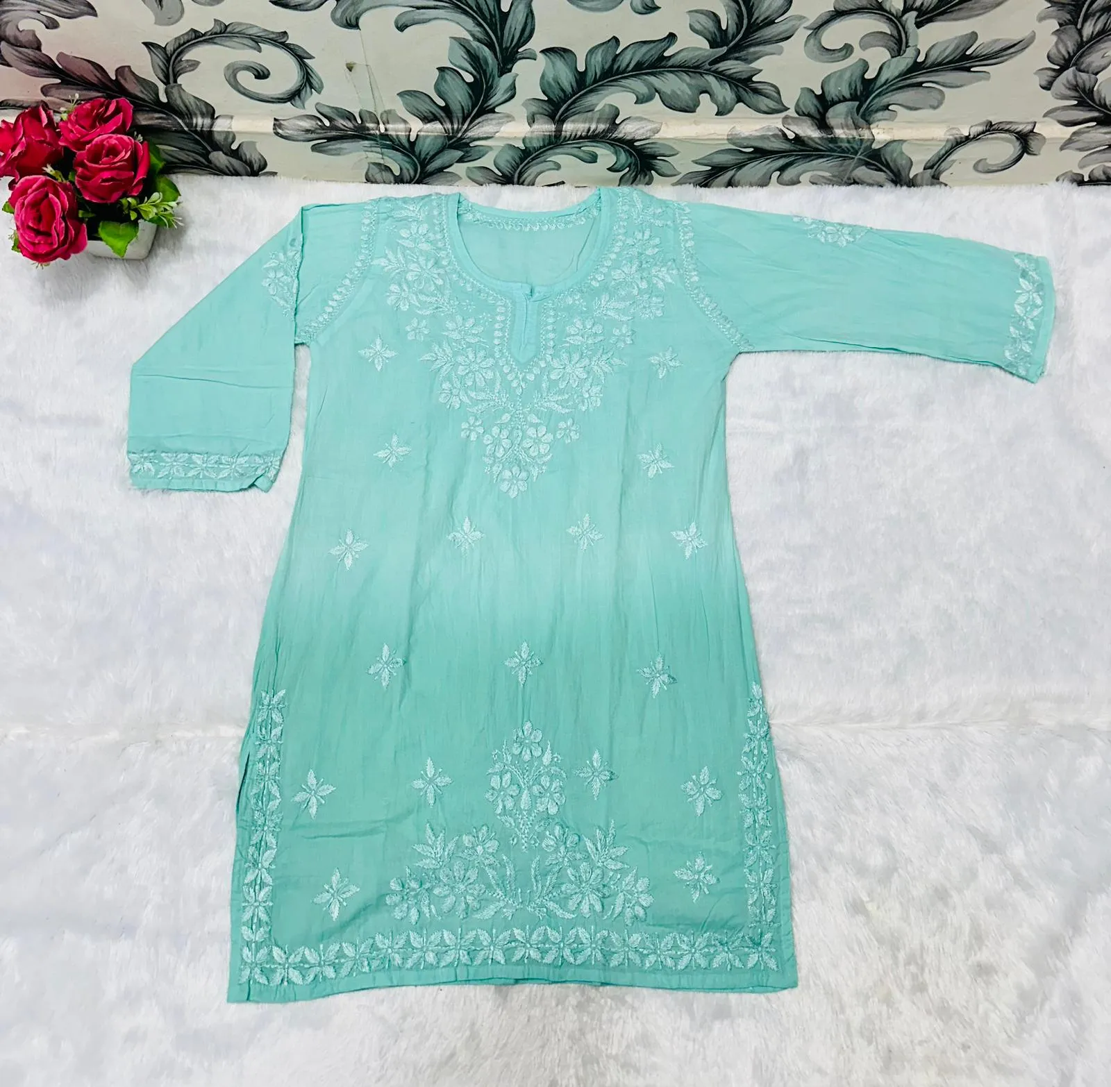 Green Beautiful Lucknow Chikankari Work Ombre Dye Short Kurti, Gharara & Dupatta Sets