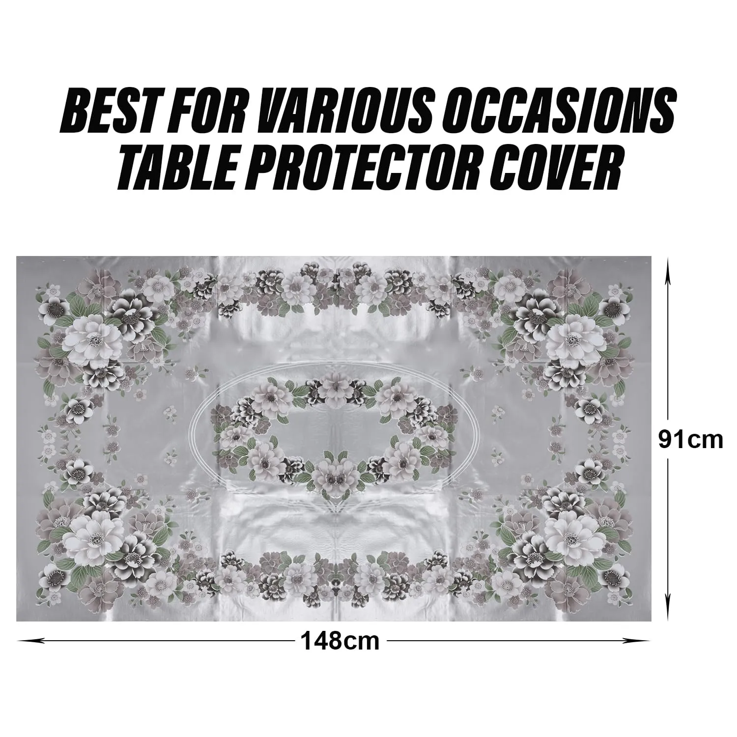 Heart Home Center Table Cover | Sigma PVC Flower Center Table Cover | Luxurious Table Protector Cover Without Lace | 40x60 Inch | Silver