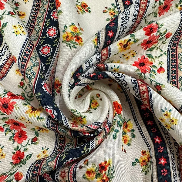 Ivory Floral Stripe Print Rayon Challis Fabric