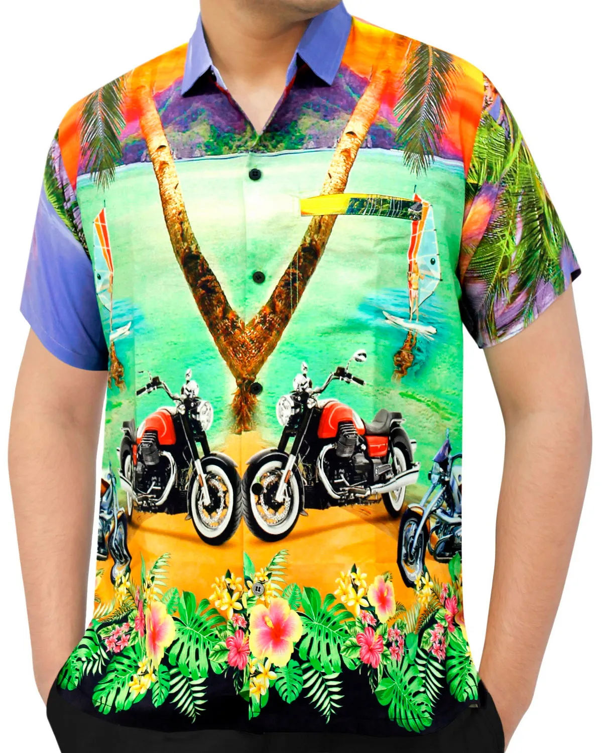 LA LEELA Men's Casual Beach hawaiian Shirt Aloha Tropical Beach  front Pocket Short sleeve Violet