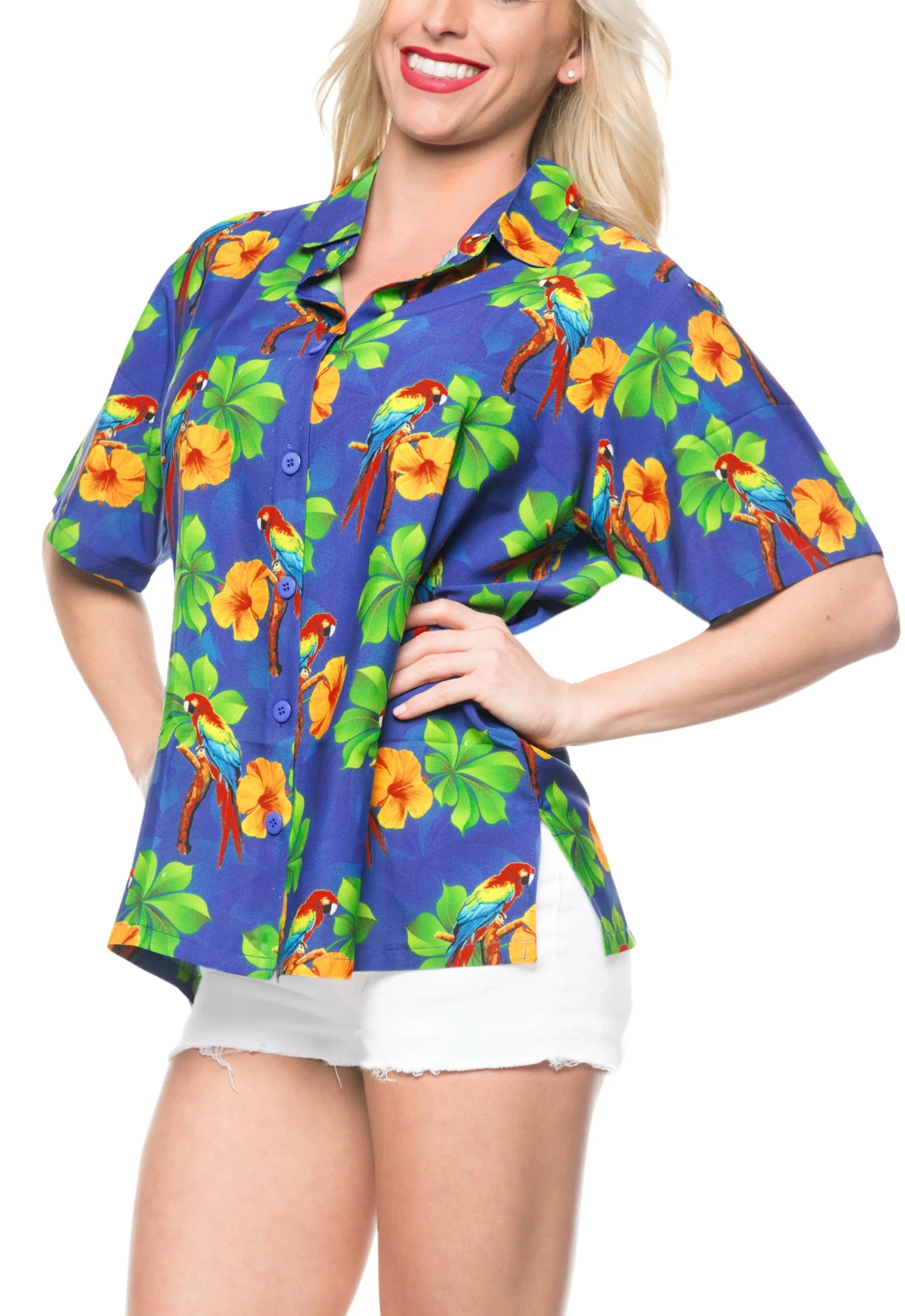 LA LEELA Women's Beach Casual Hawaiian Blouse Short Sleeve button Down Shirt Printed blue DRT153