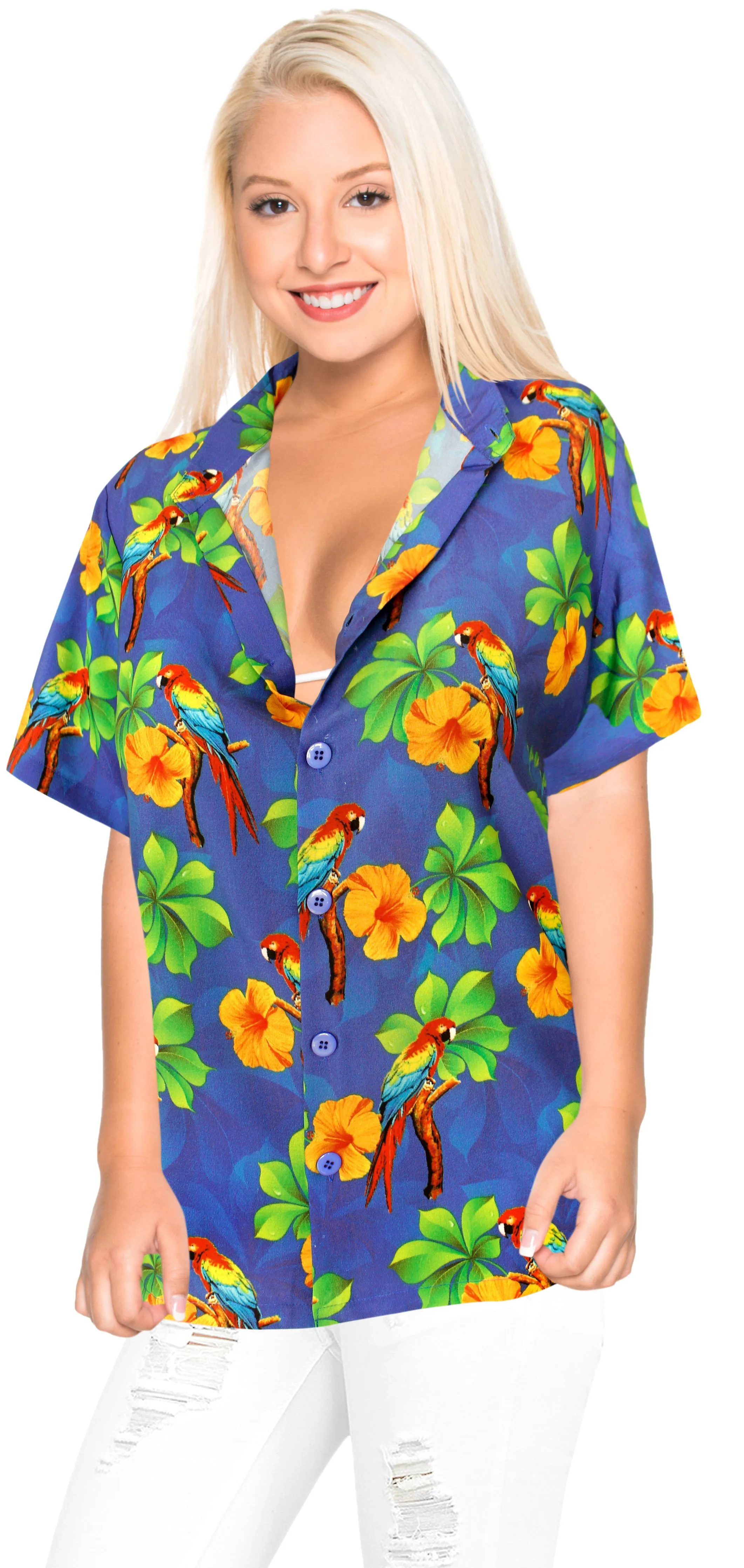 LA LEELA Women's Beach Casual Hawaiian Blouse Short Sleeve button Down Shirt Printed blue DRT153