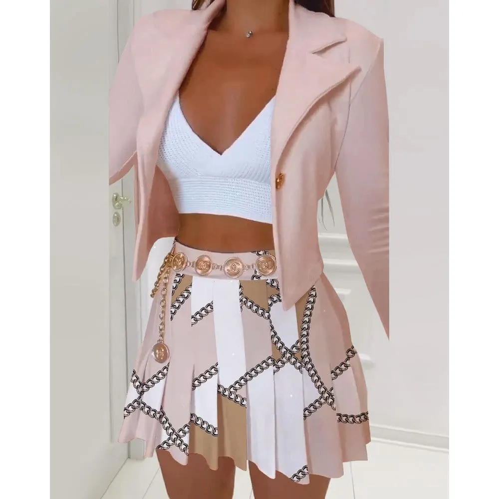 Lapel Collar Single Breasted Crop Blazer & Pleated Mini Skirt