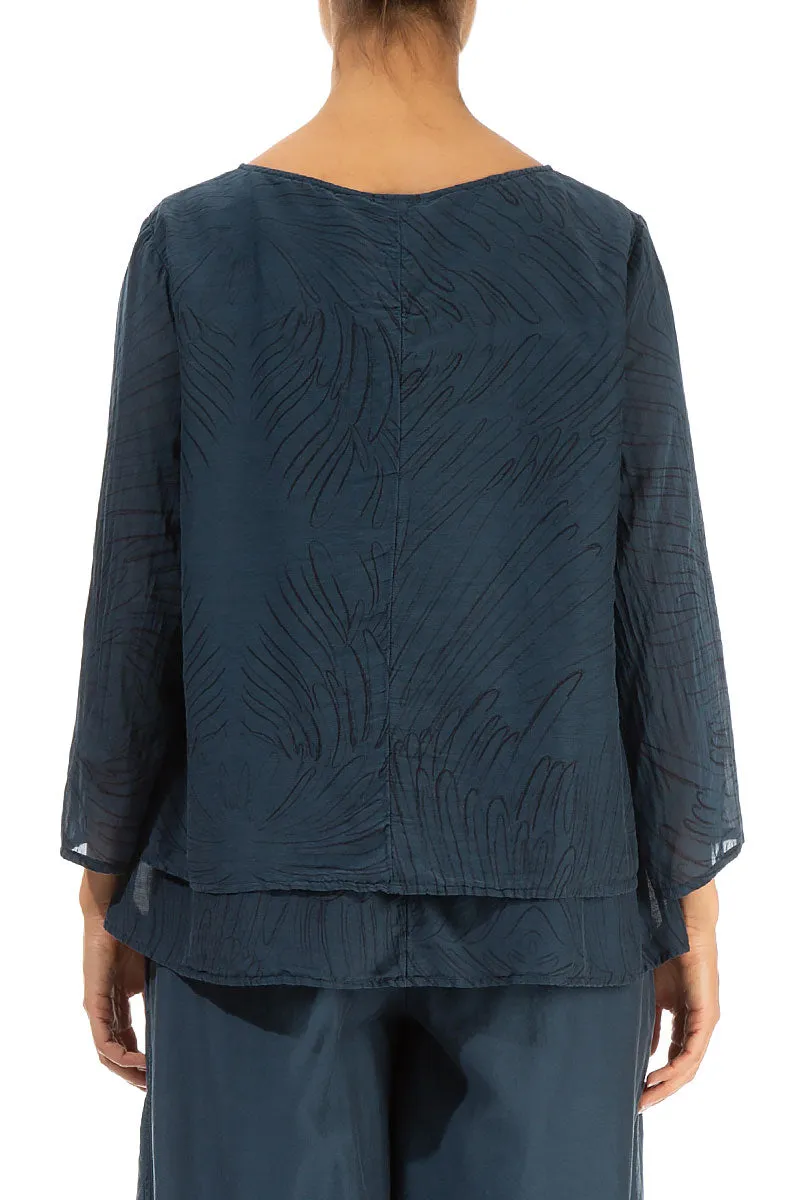 Layered Midnight Blue Feathers Silk Cotton Blouse