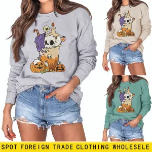 Loose Pumpkin Skull Spider Print Long-sleeved Sweater Women