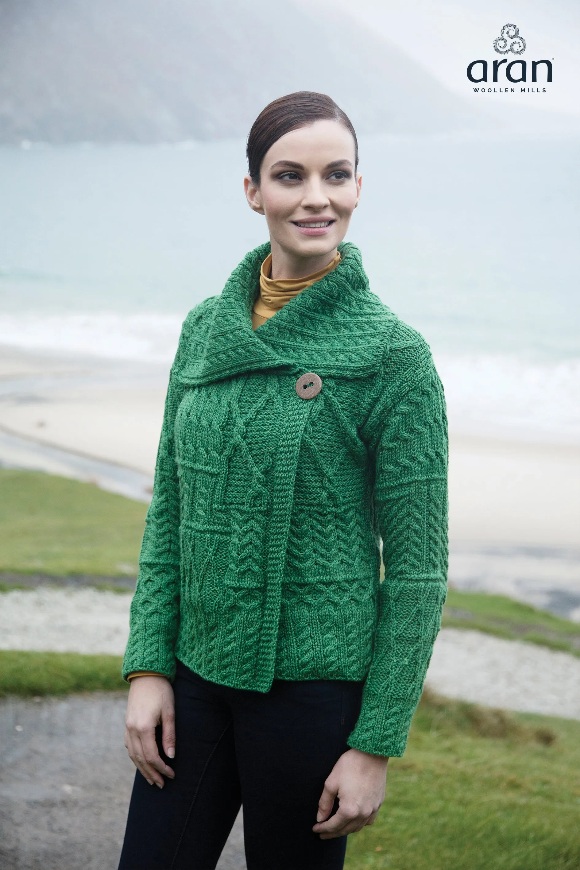 Merino Wool Patchwork Aran Cardigan with Collar