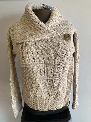 Merino Wool Patchwork Aran Cardigan with Collar