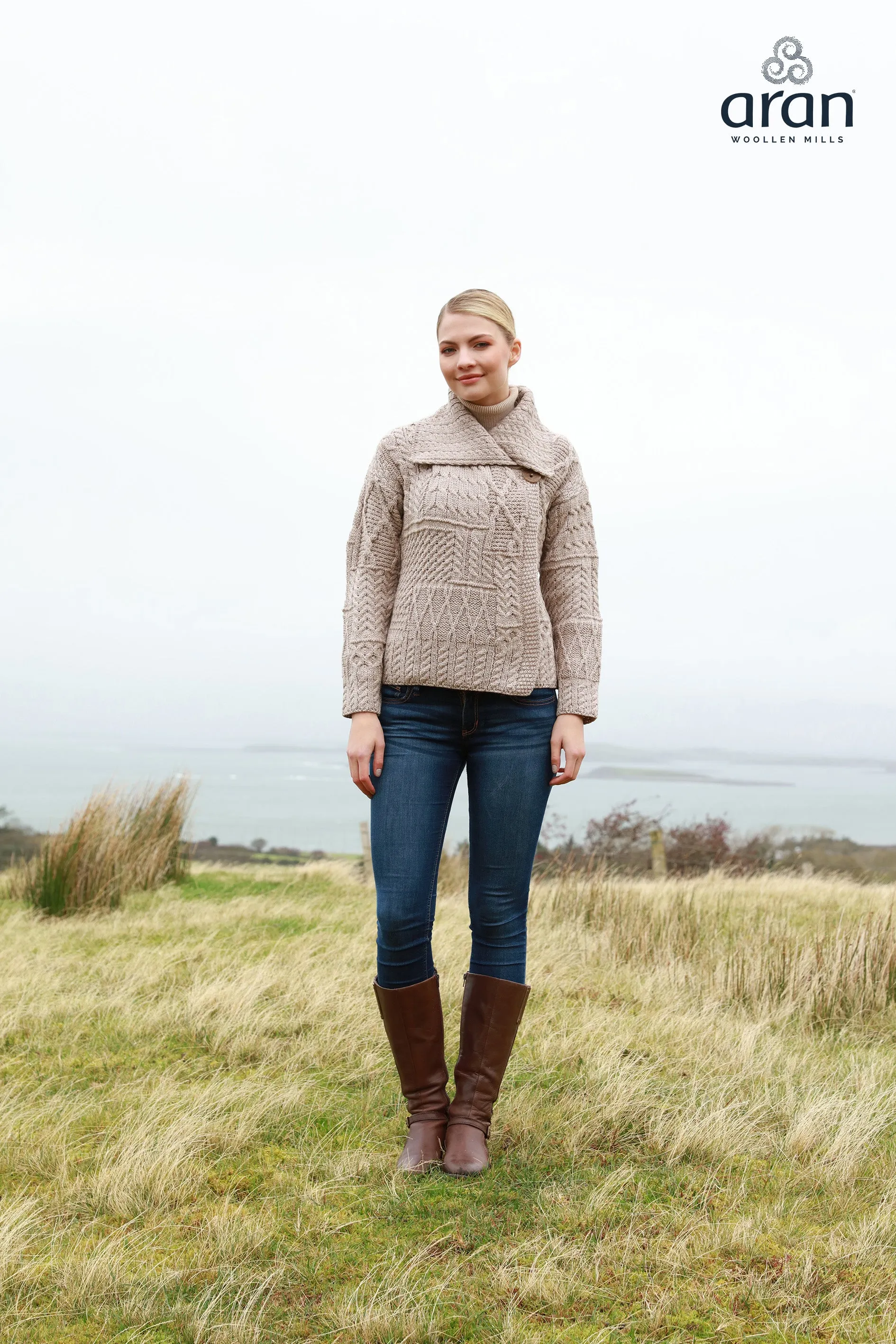 Merino Wool Patchwork Aran Cardigan with Collar