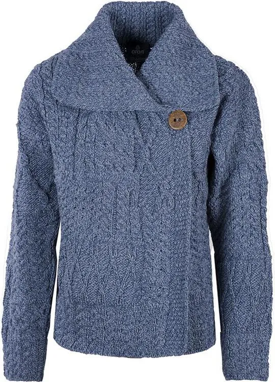 Merino Wool Patchwork Aran Cardigan with Collar