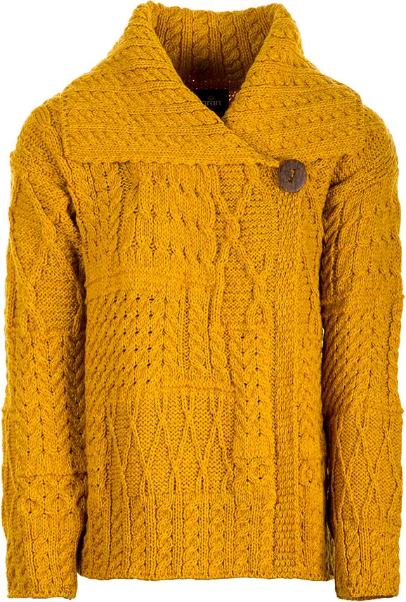 Merino Wool Patchwork Aran Cardigan with Collar