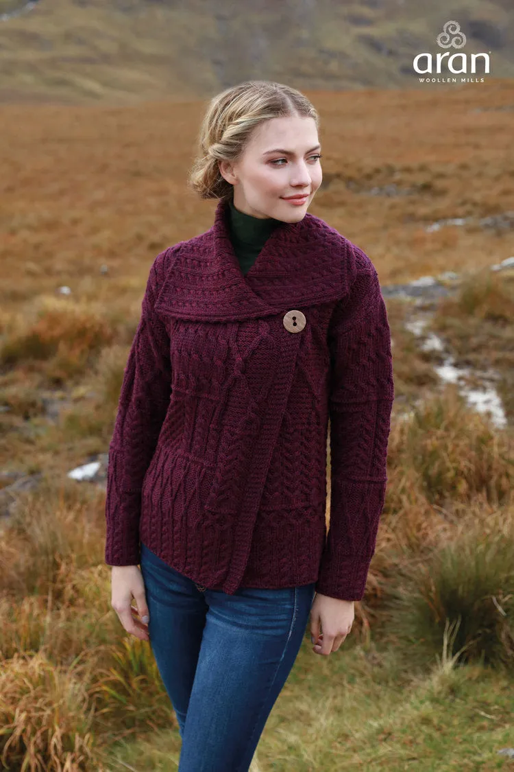 Merino Wool Patchwork Aran Cardigan with Collar