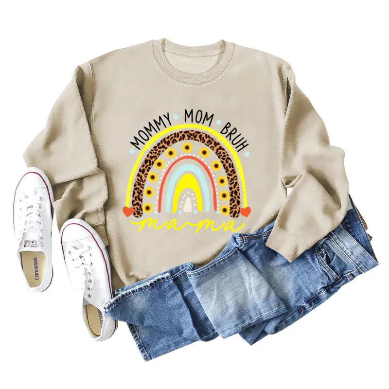 MOMMY MOM BRUH Rainbow Love Letter Print Round Neck Sweater Long Sleeve