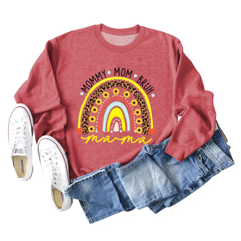 MOMMY MOM BRUH Rainbow Love Letter Print Round Neck Sweater Long Sleeve