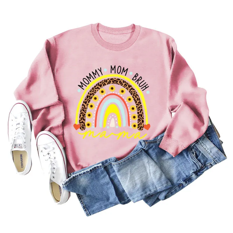 MOMMY MOM BRUH Rainbow Love Letter Print Round Neck Sweater Long Sleeve