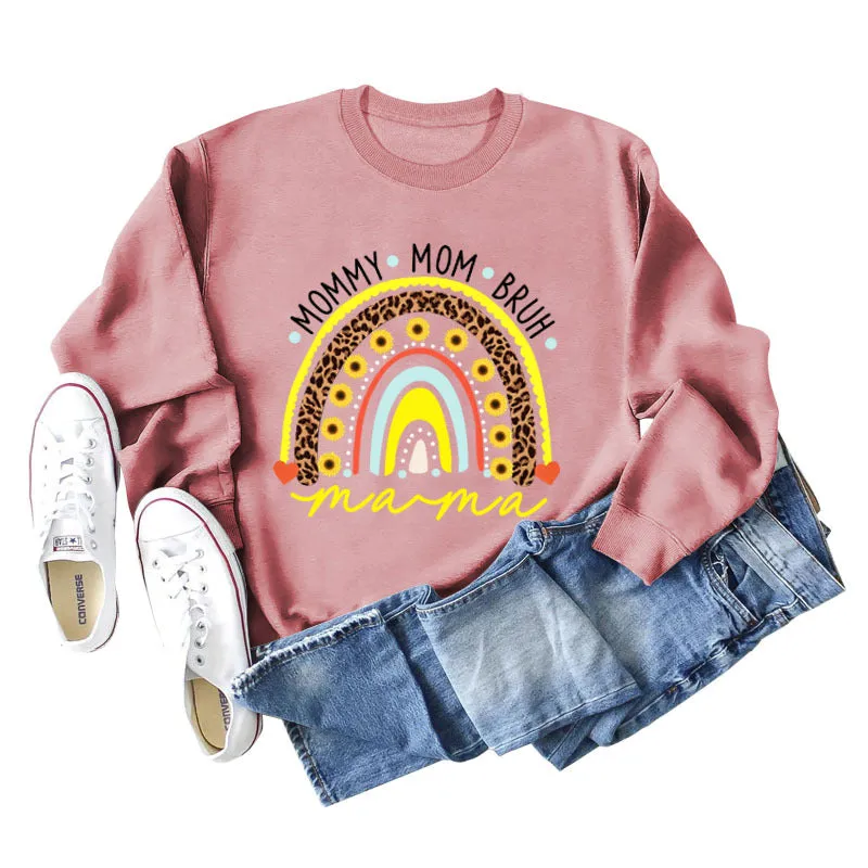 MOMMY MOM BRUH Rainbow Love Letter Print Round Neck Sweater Long Sleeve