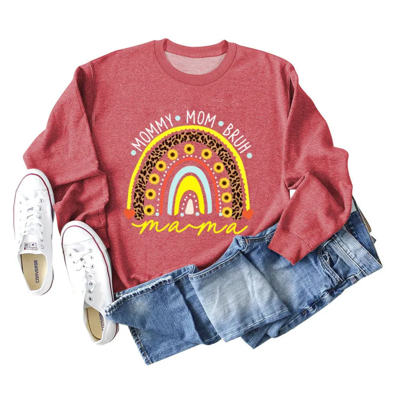 MOMMY MOM BRUH Rainbow Love Letter Print Round Neck Sweater Long Sleeve