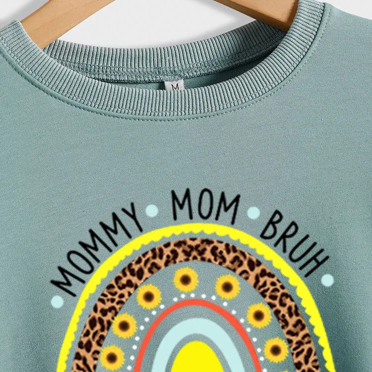 MOMMY MOM BRUH Rainbow Love Letter Print Round Neck Sweater Long Sleeve