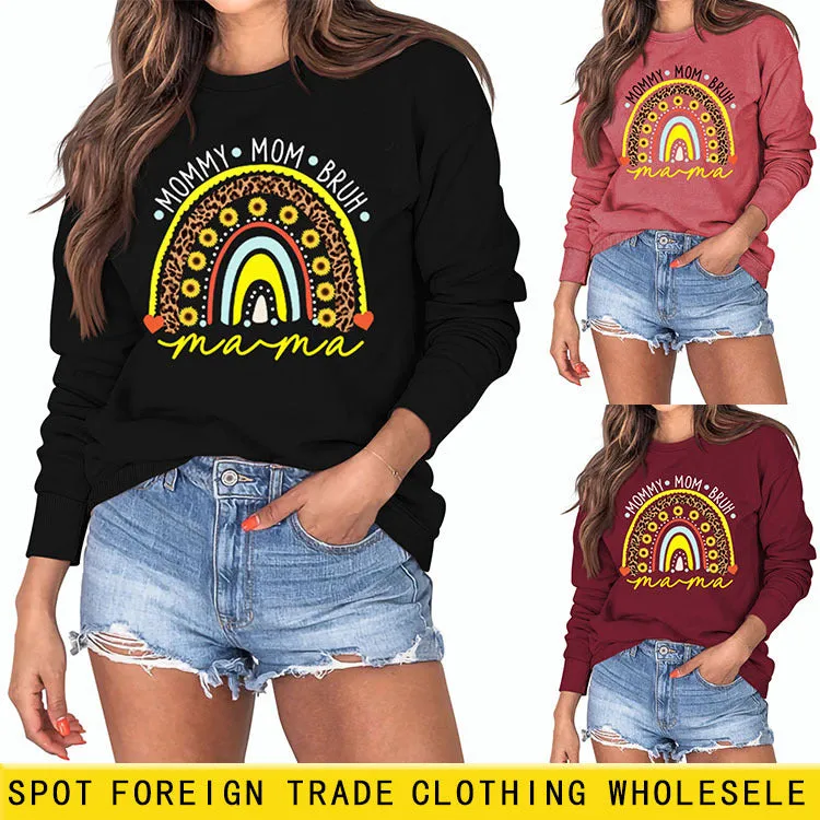 MOMMY MOM BRUH Rainbow Love Letter Print Round Neck Sweater Long Sleeve