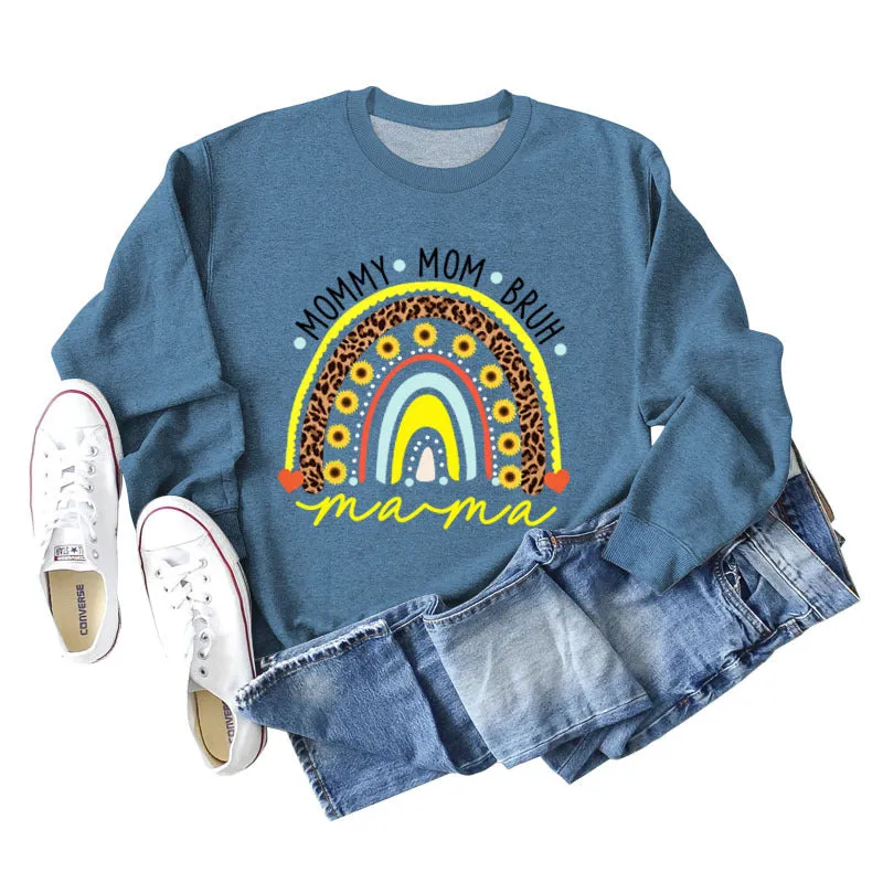 MOMMY MOM BRUH Rainbow Love Letter Print Round Neck Sweater Long Sleeve