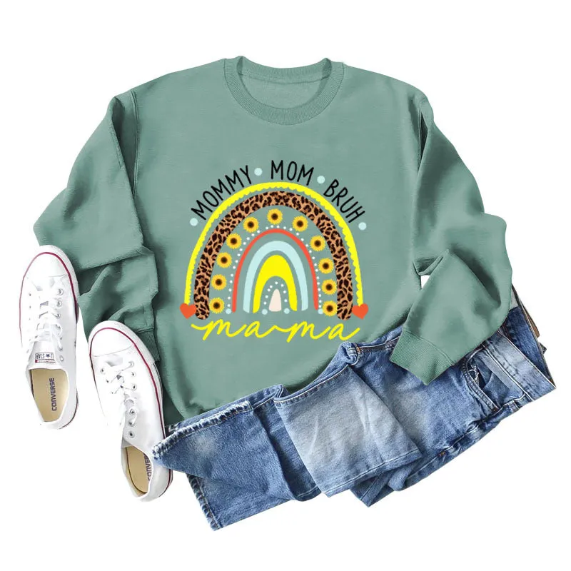 MOMMY MOM BRUH Rainbow Love Letter Print Round Neck Sweater Long Sleeve