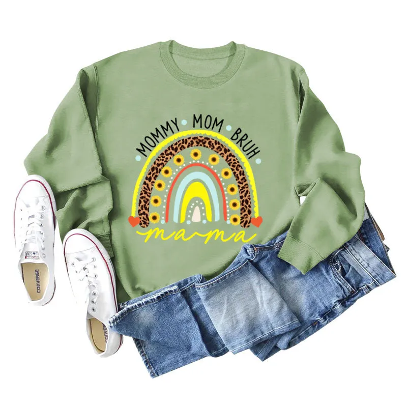 MOMMY MOM BRUH Rainbow Love Letter Print Round Neck Sweater Long Sleeve