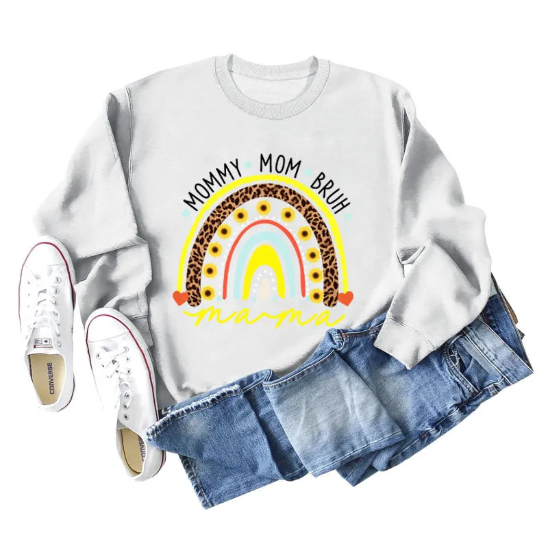 MOMMY MOM BRUH Rainbow Love Letter Print Round Neck Sweater Long Sleeve