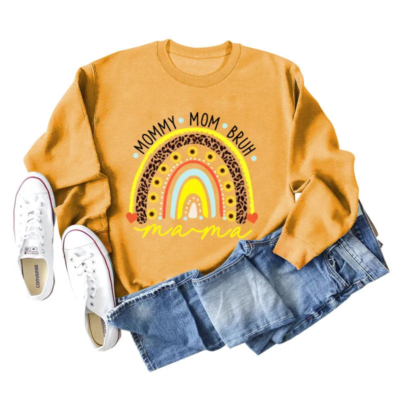 MOMMY MOM BRUH Rainbow Love Letter Print Round Neck Sweater Long Sleeve