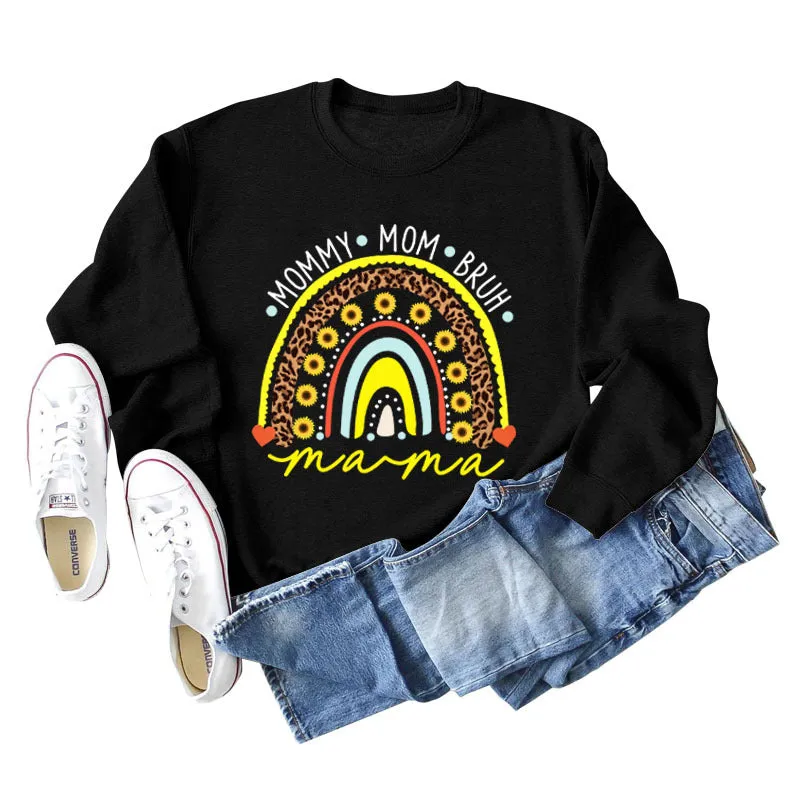 MOMMY MOM BRUH Rainbow Love Letter Print Round Neck Sweater Long Sleeve