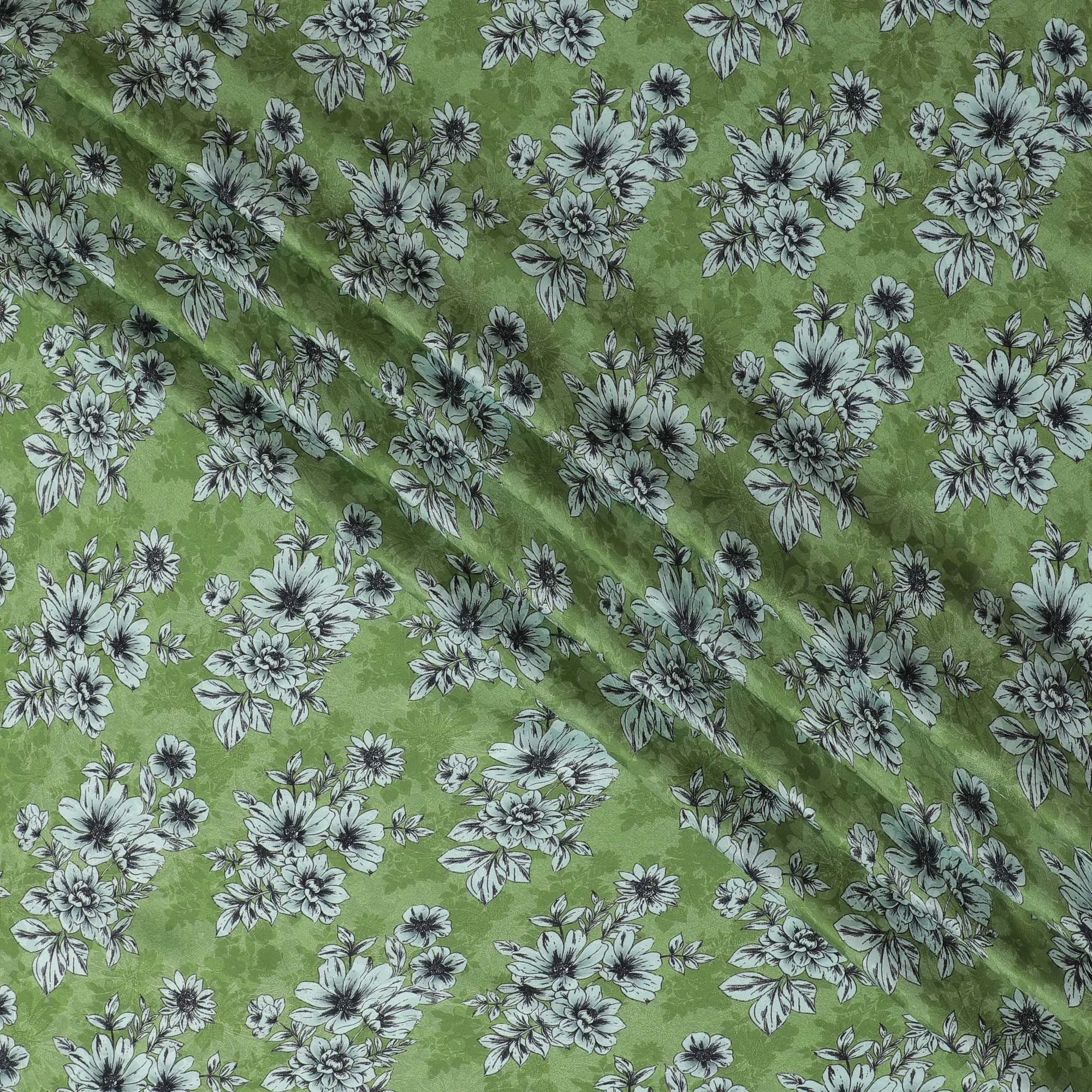 Moss Green with Monochrome Floral Print Crepe Silk Fabric, 110cm Width - Naturally Inspired for Elegant Ensembles-D18913