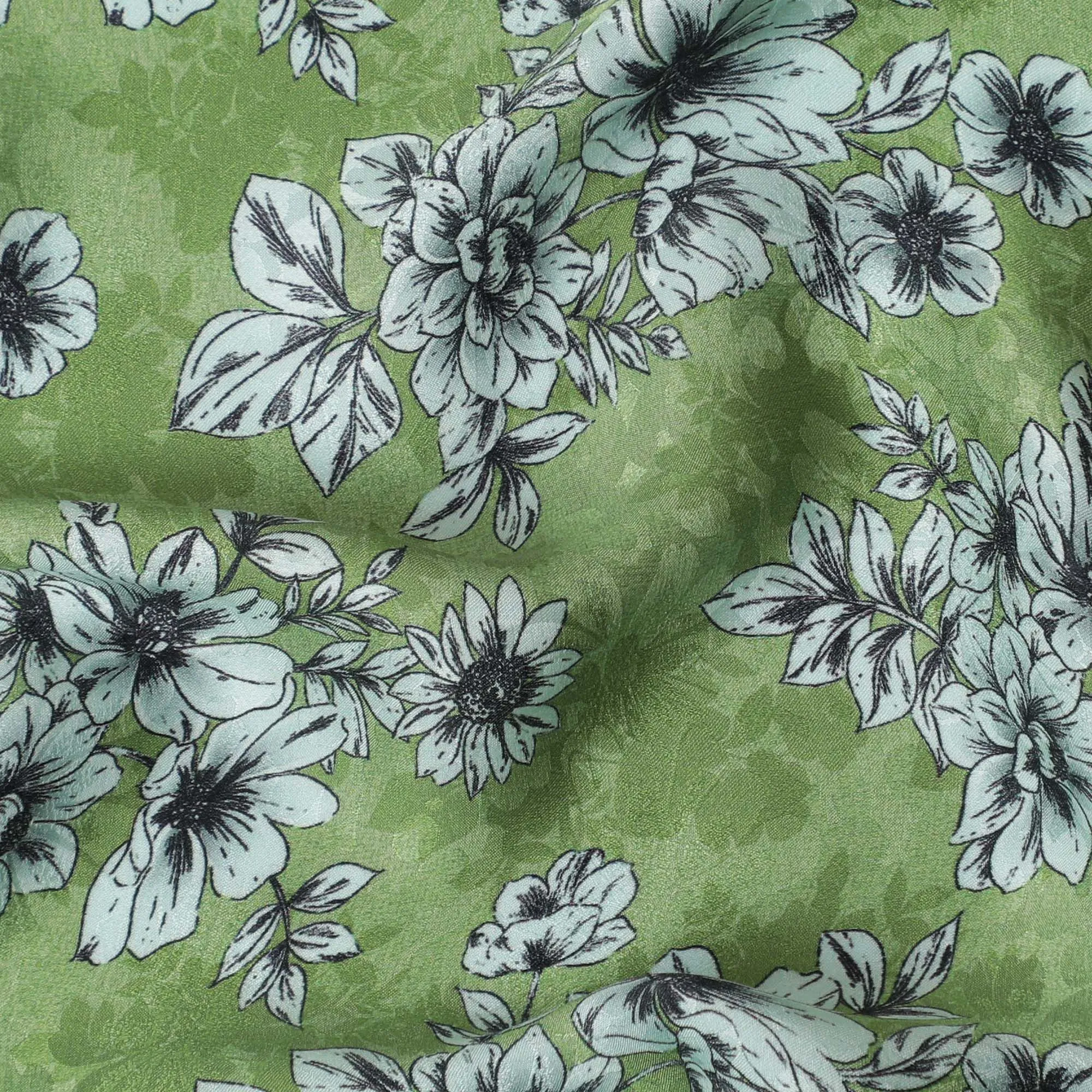 Moss Green with Monochrome Floral Print Crepe Silk Fabric, 110cm Width - Naturally Inspired for Elegant Ensembles-D18913