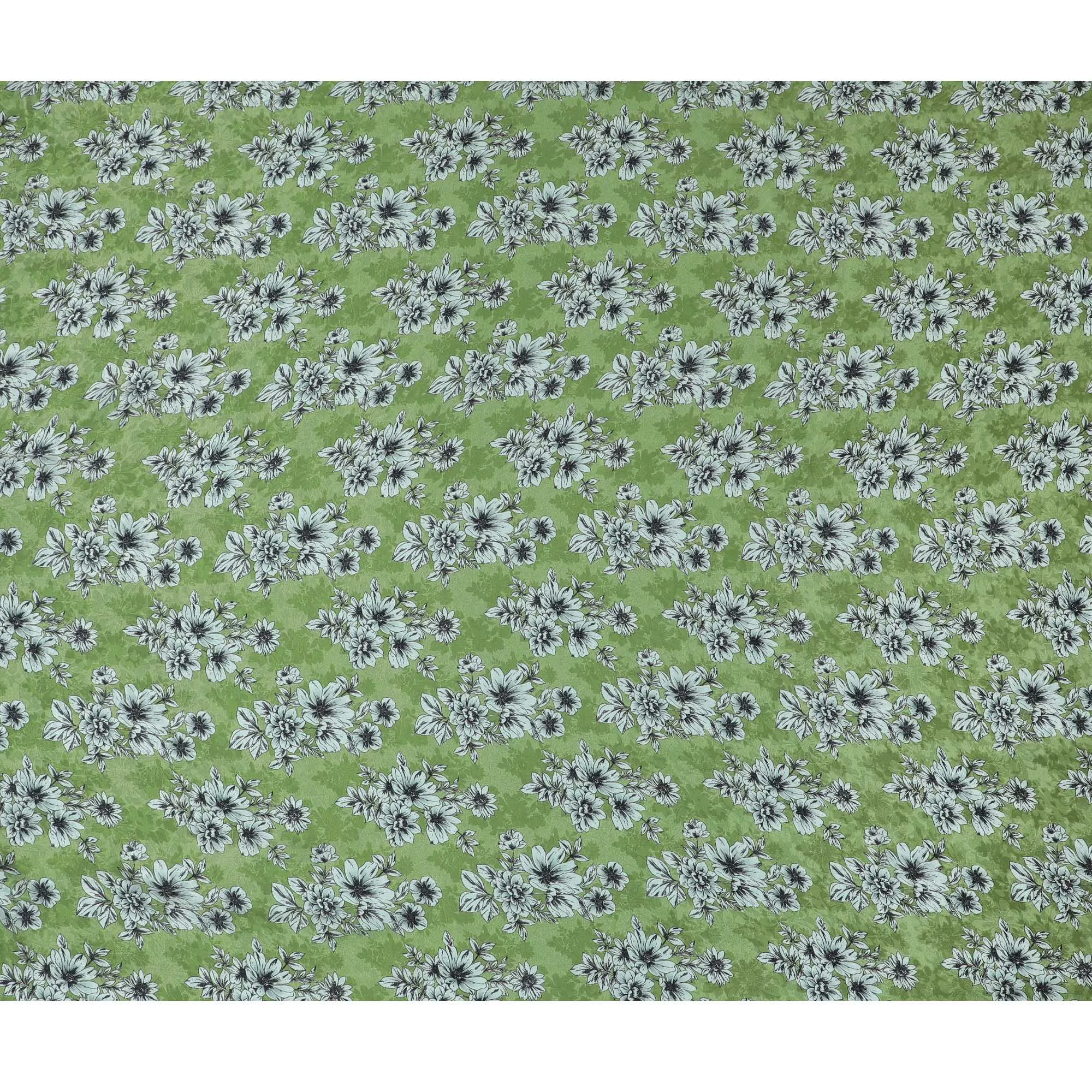 Moss Green with Monochrome Floral Print Crepe Silk Fabric, 110cm Width - Naturally Inspired for Elegant Ensembles-D18913